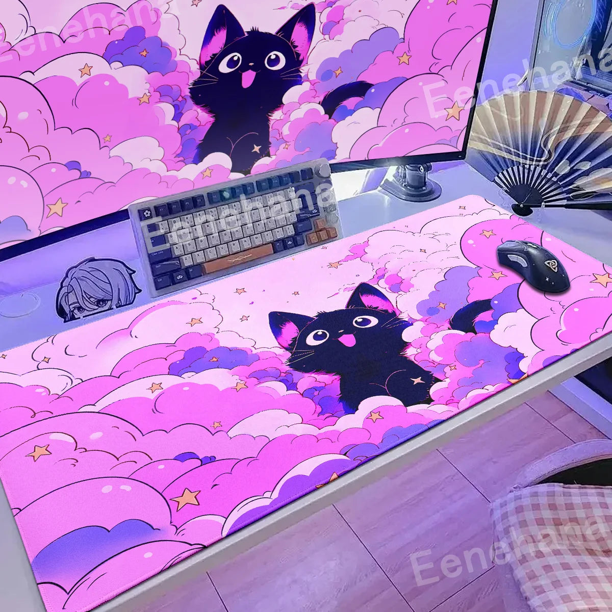 The Black Cat on the Clouds Keyboard Mouse pad Kawaii Art style patterns Pink Desk Mat PC Gamer Rug Office Carpet Home Table pad