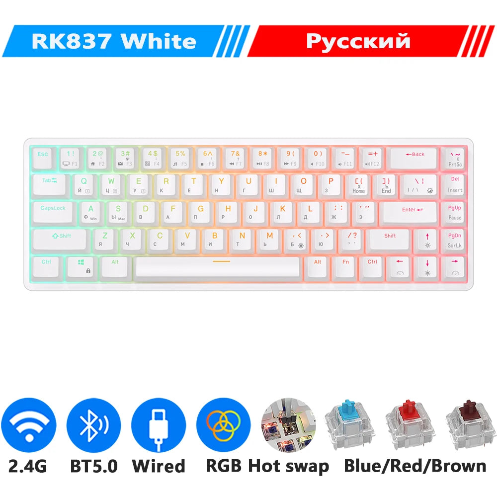 RKG68 RK837 Wireless Mechanical Keyboard 68 Key 65% RGB Backlight Hot Swappable 2.4Ghz Bluetooth USB Wired Gaming Royal Kludge