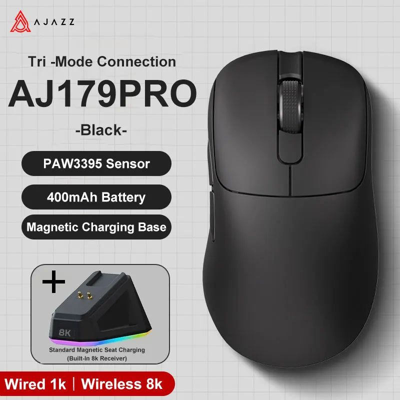 AJAZZ AJ179 PRO PAW3395 Lightweight Wired Wireless Mouse with Magnetic Charging Base Ergonomic Macro Gaming Mouse for PC Laptop