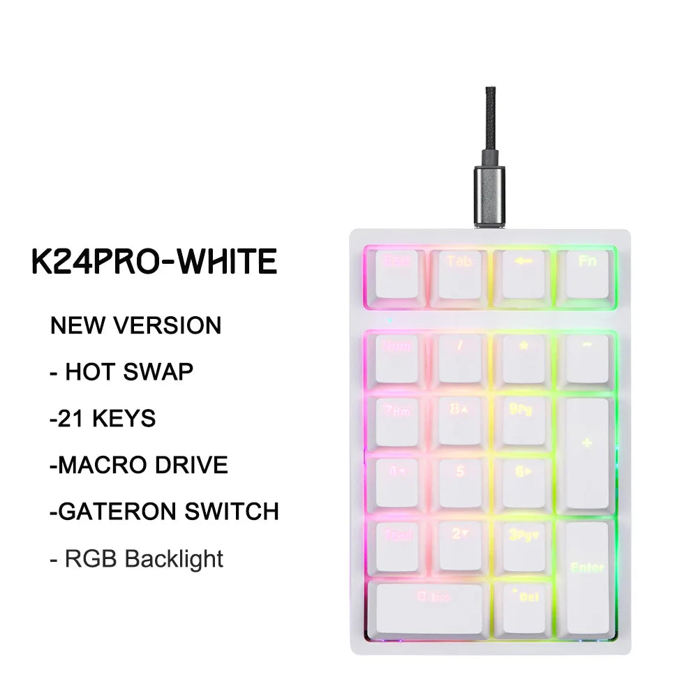 K24Pro 21Keys Number Pad Mechanical Numeric Keypad Hot-Swap Wired Motospeed Numpad Gaming Mini Keyboard Programming Keypads