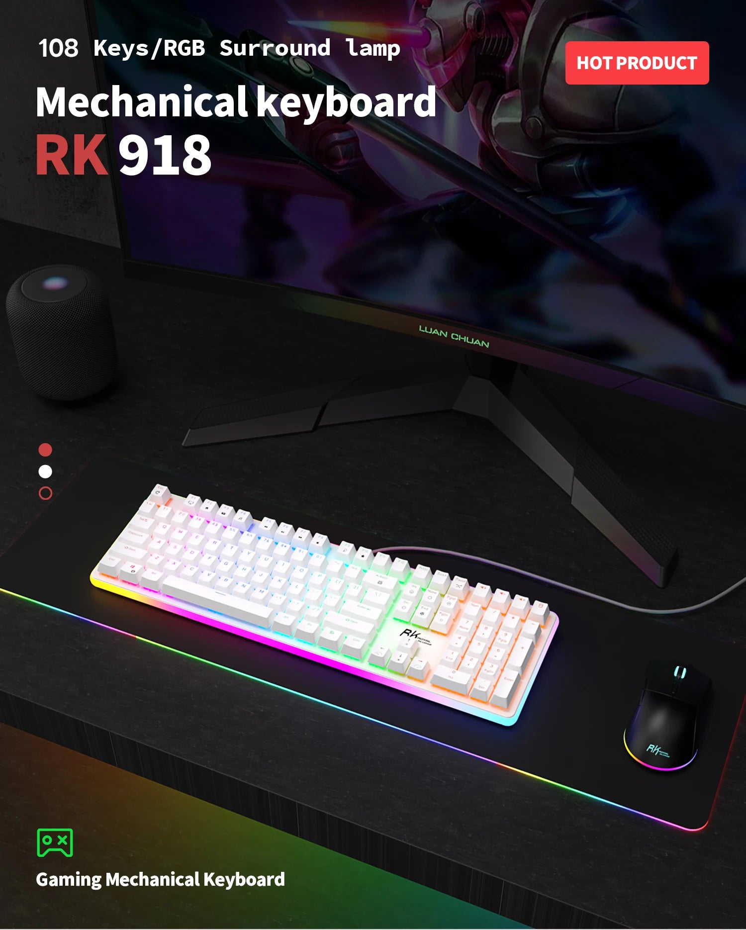 RK ROYAL KLUDGE RK918 Wired Mechanical Keyboard 108 Keys 100% RGB Backlit Gaming Keyboard with Large LED Sorrounding Side Lamp