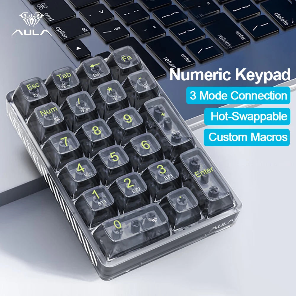 AULA Wireless Numeric Keypad White Backlight Transparent Numeric Keyboard 21 Key Bluetooth Wireless Numeric Mechanical Keyboard